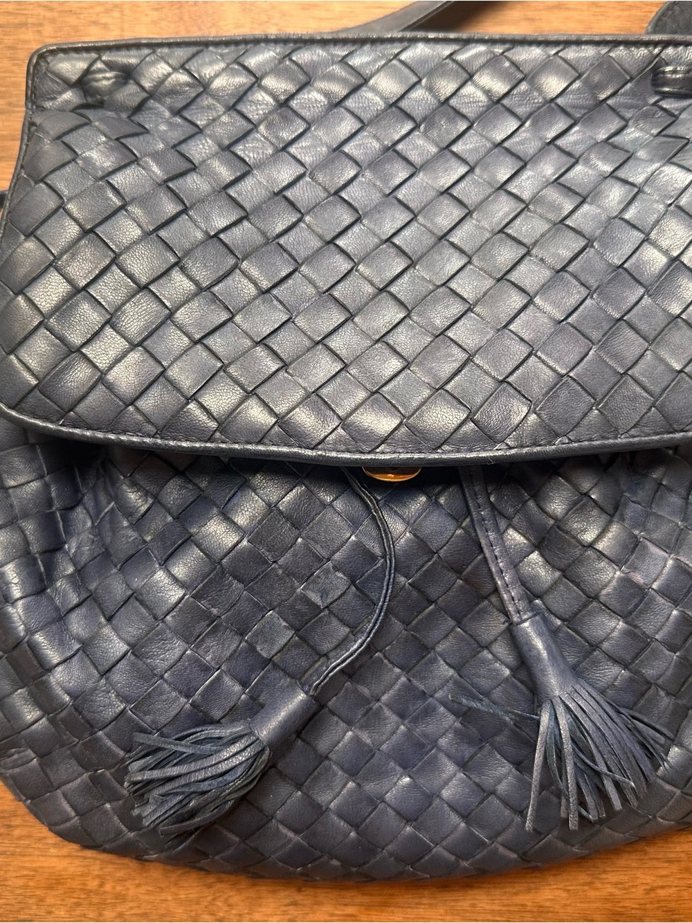 Bottega Veneta Navy Intrecciato Woven Leather Crossbody with Tassel - Picture 3 of 9